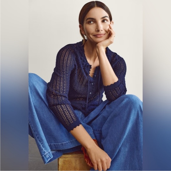 GAP x DOEN | Linen Blend Delicate Navy Blue Crochet Cardigan Sweater | Large - Picture 3 of 6